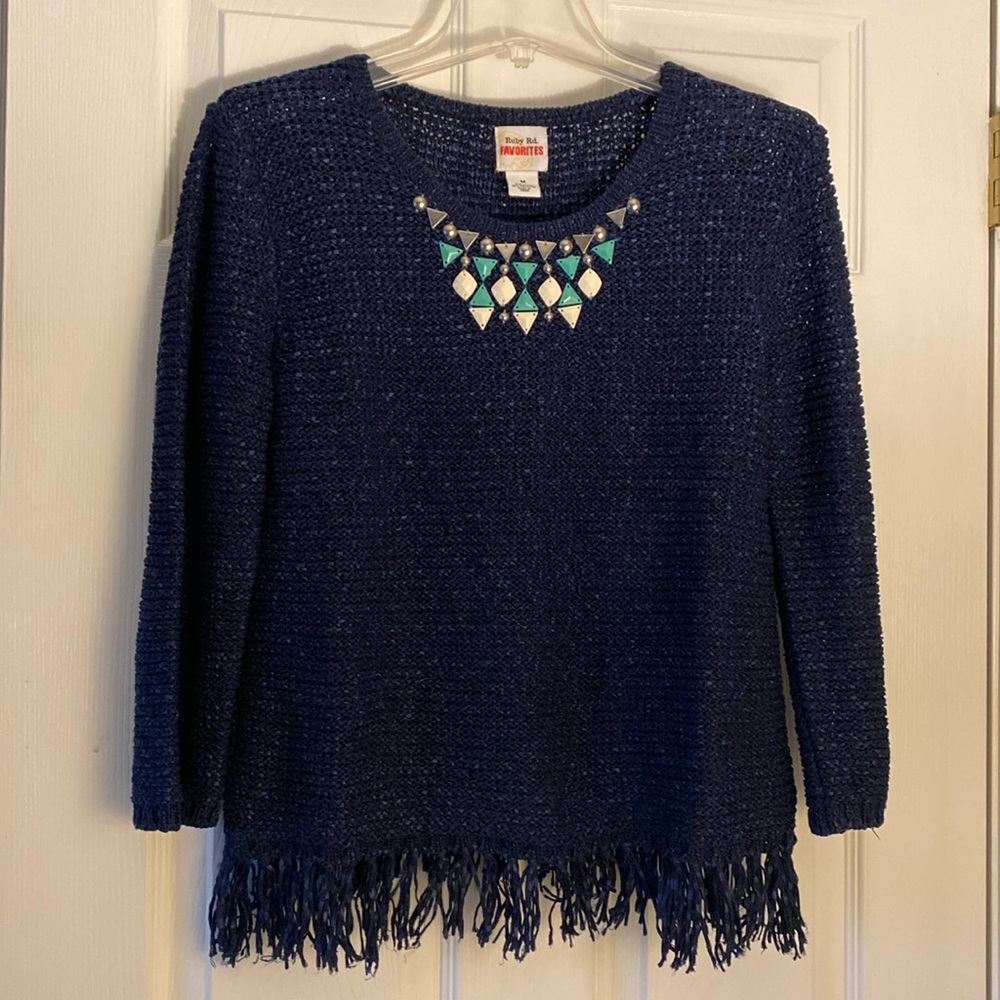 Navy blue sweater from Ruby Rd. With beaded neckline and fringed bottom